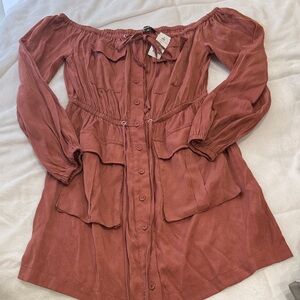 Rust Button-Front Off-Shoulder Dress